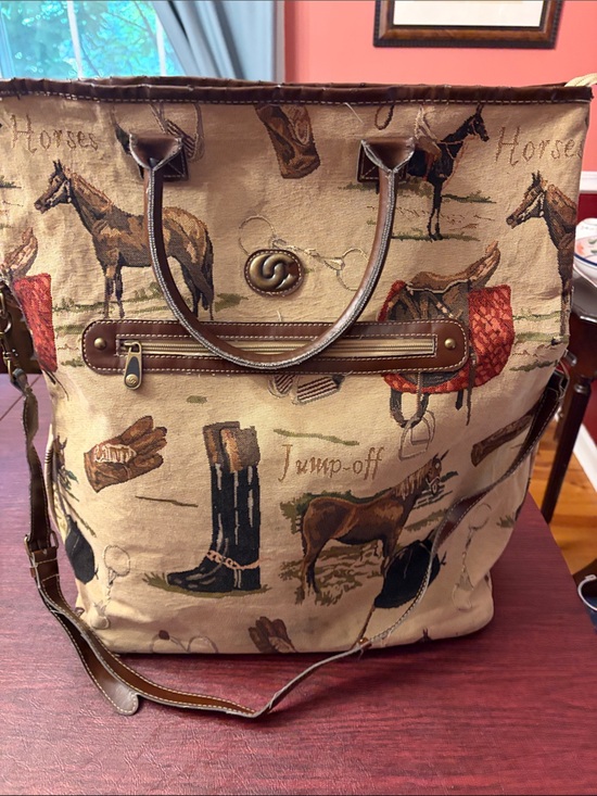 Oleg Cassini Handbags - Vintage Oleg Cassini Beige Equestrian-Print Canvas Tote with Brown Trim